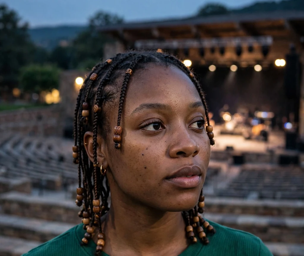 Woman with beaded micro braids at an outdoor amphitheater