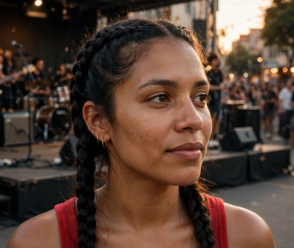 Woman with double dutch braids and a red top at a street concert