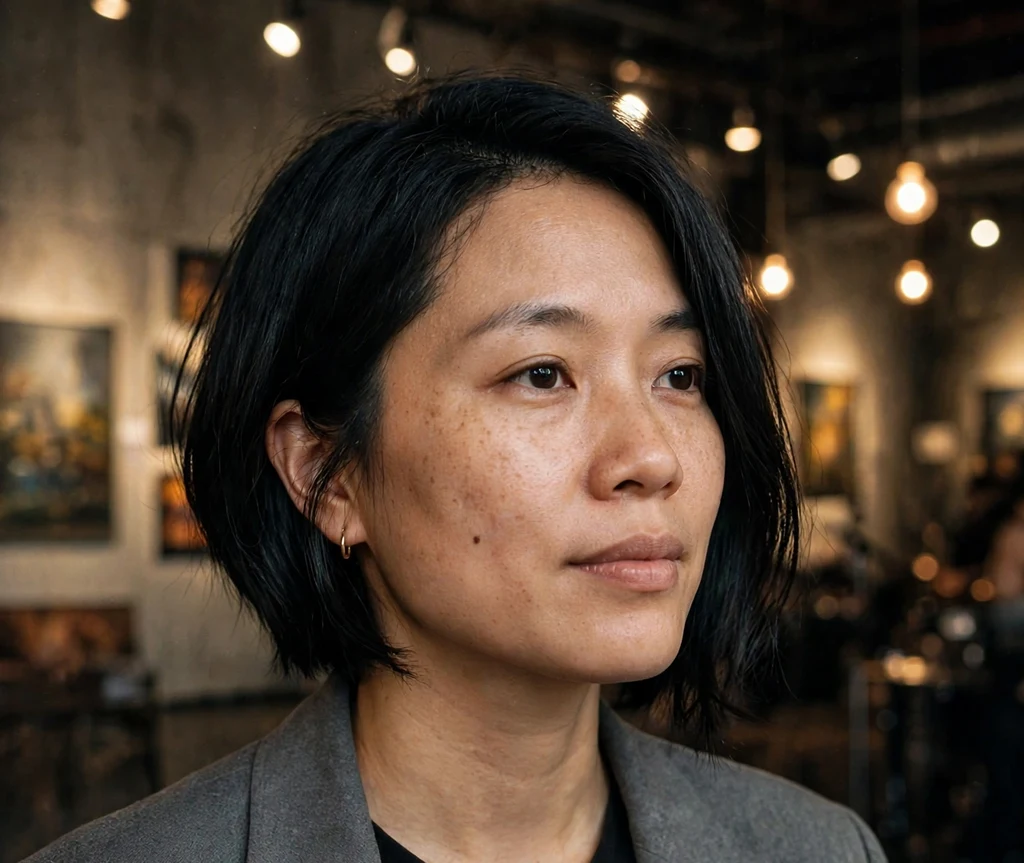 Woman with an asymmetrical black bob at an art-district venue