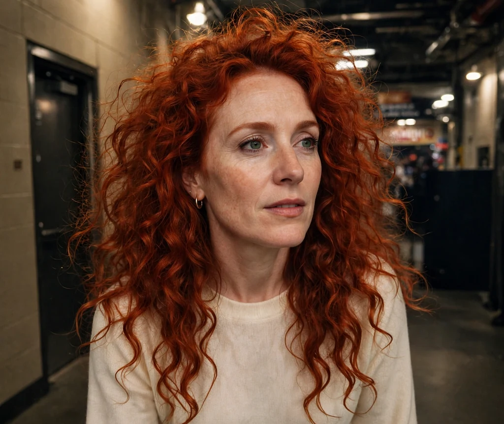 Woman with fire-engine red big curls in an arena hallway