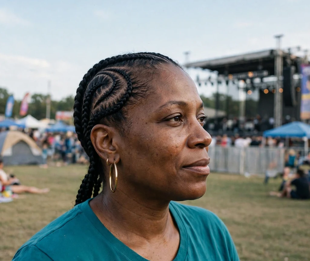 Woman with an intricate cornrowed side braid design at festival grounds