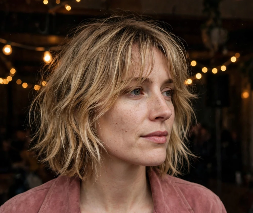 Woman with a honey-blonde tousled lob and curtain bangs at an indie venue