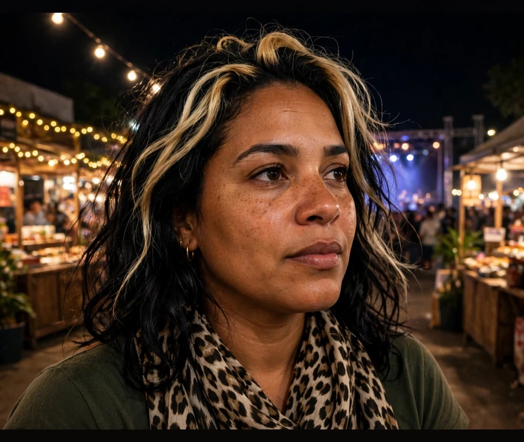 Woman with black hair and chunky blonde highlights at a night-market concert
