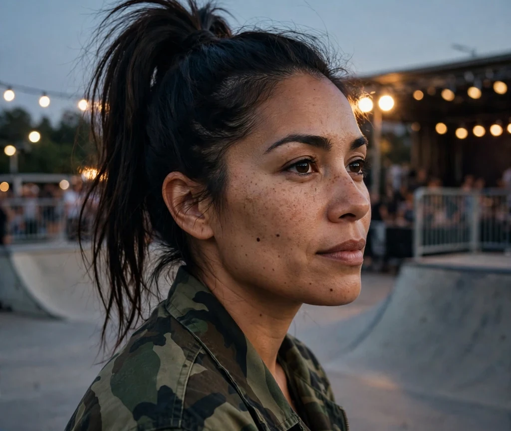 Woman with a dark fauxhawk ponytail and camo jacket at a skate-park gig