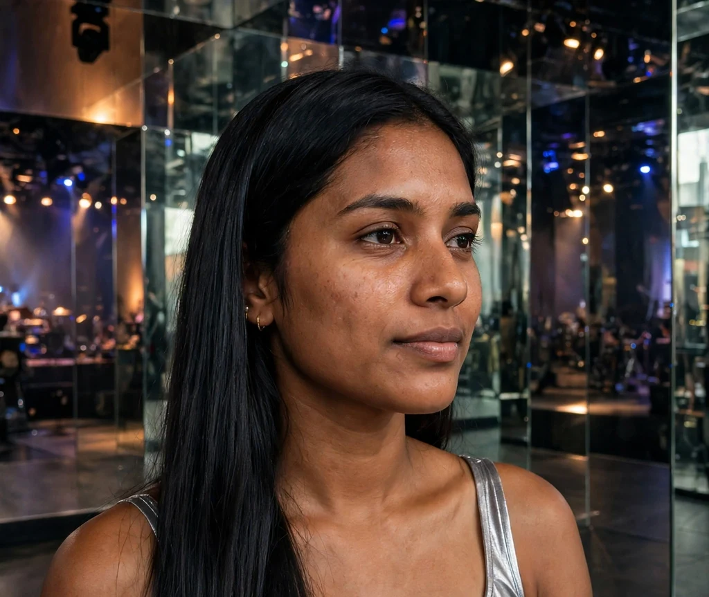 Woman with razor-straight long black hair in a mirrored venue