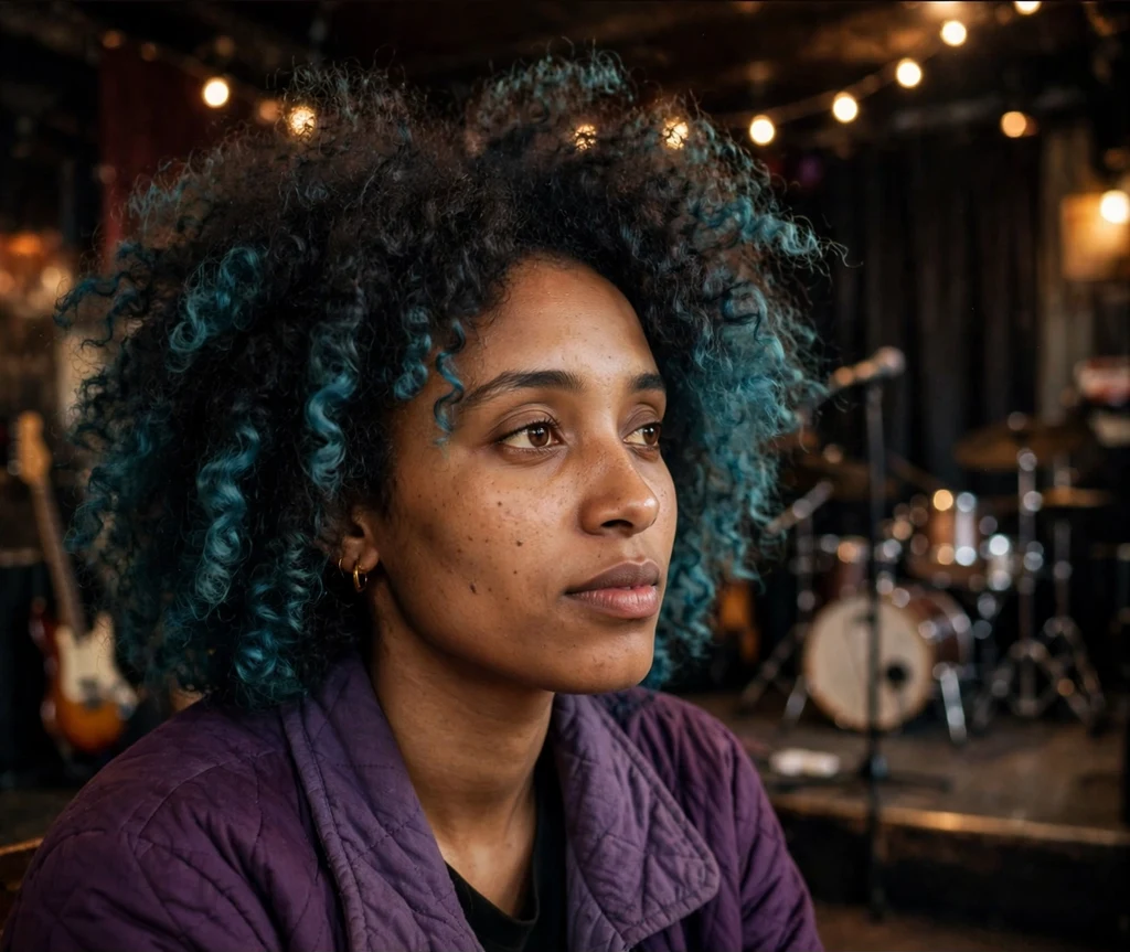 Woman with a curly afro tipped in teal at a jazz-rock club