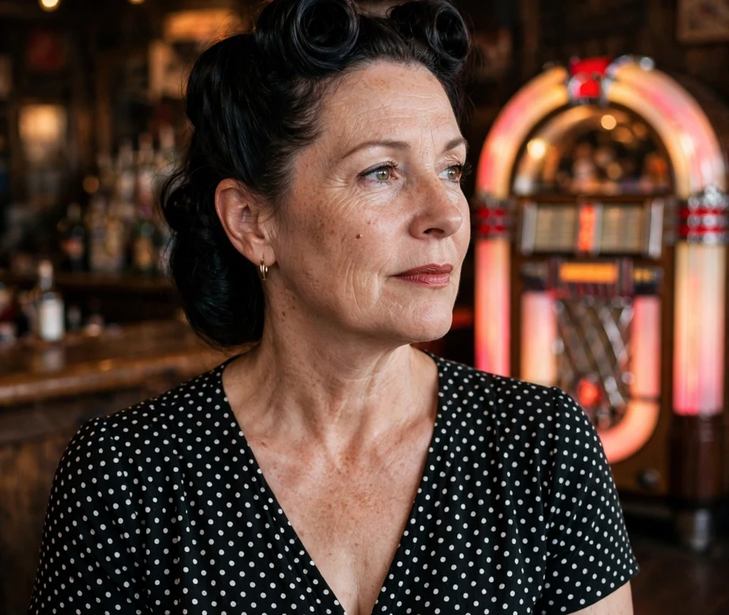 Woman with dark vintage victory rolls in a rockabilly bar
