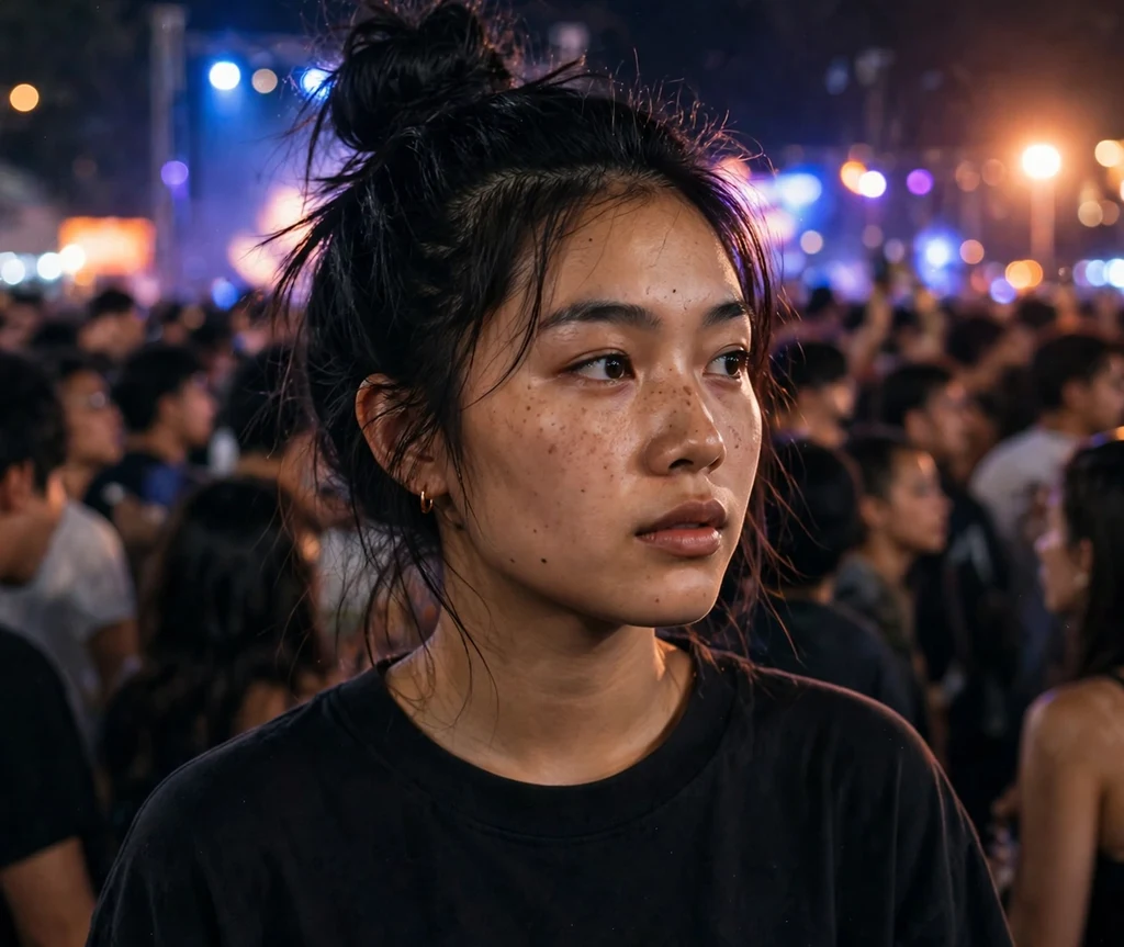 Woman with a messy black top knot in a festival crowd