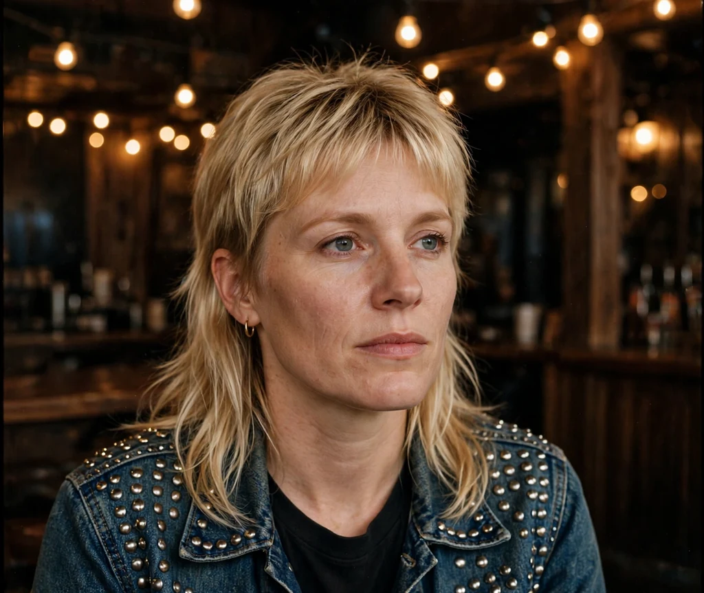 Woman with a blonde mullet and studded denim jacket at a rock venue