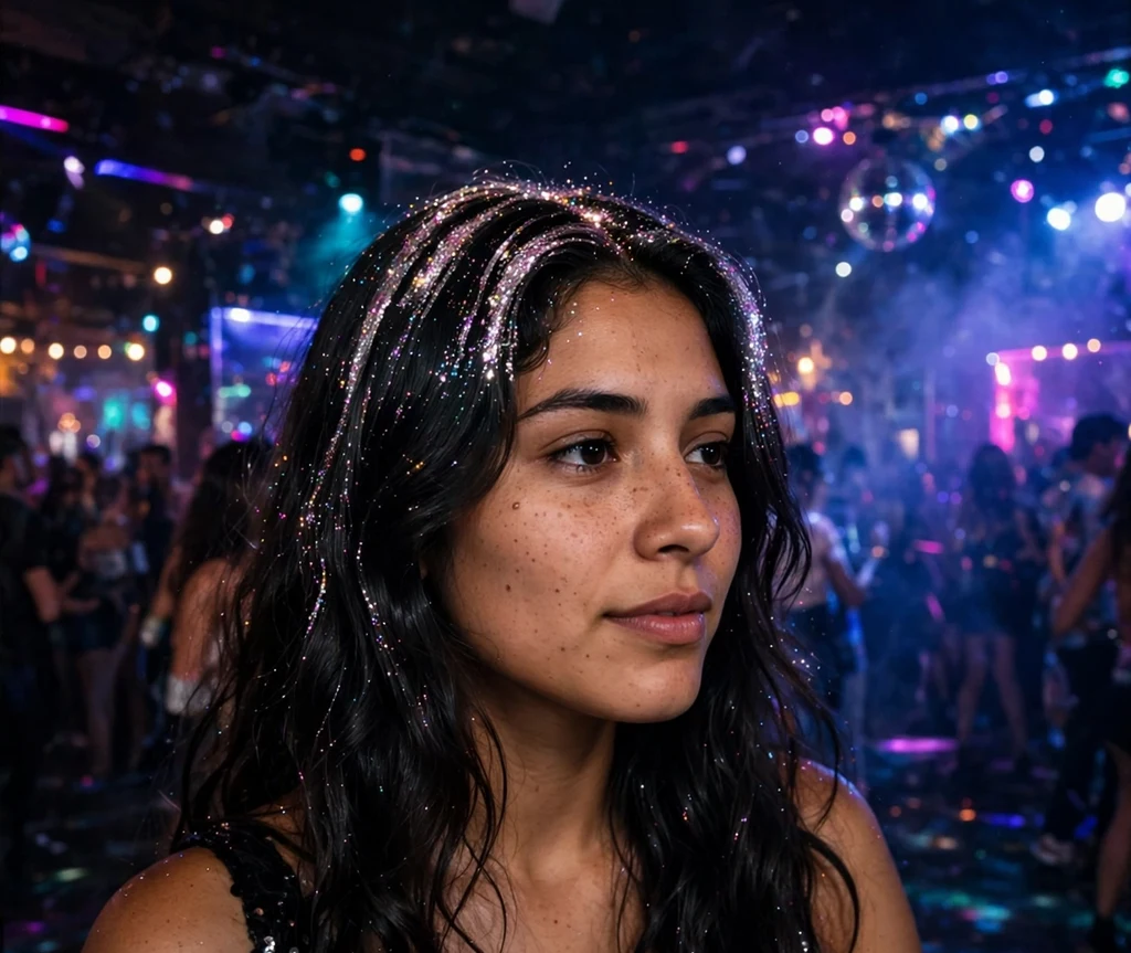 Woman with glitter roots in dark hair on a nightclub dance floor