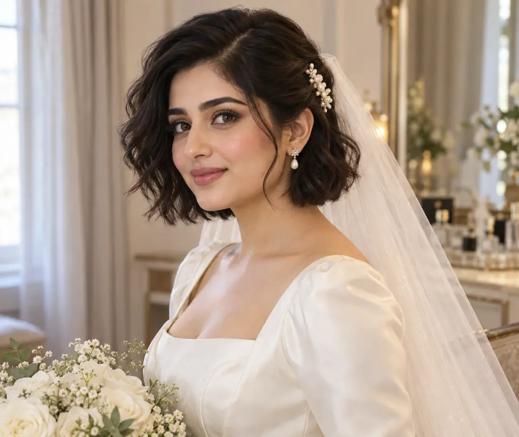 Romantic Short Bob with a Detachable Veil and Pearl Barrette