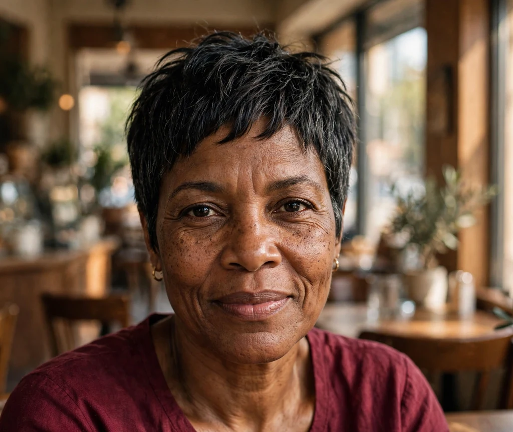 Woman over 50 with an edgy textured black pixie haircut