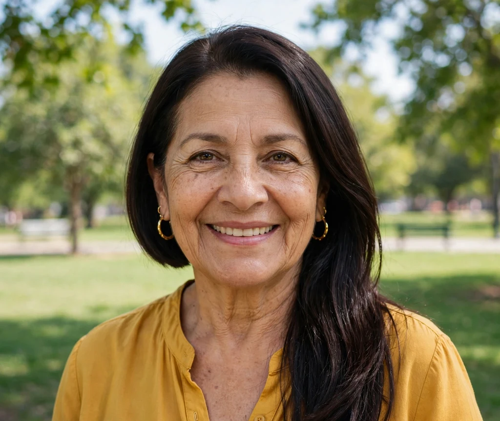 Woman over 50 with an asymmetric sleek dark brown bob