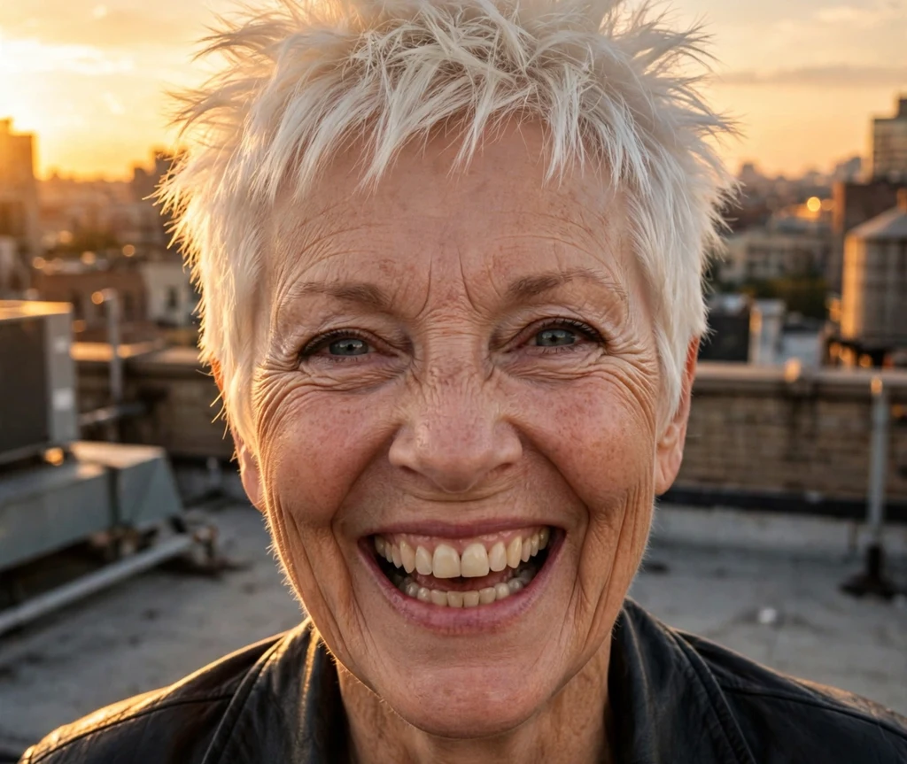 Woman over 50 with a spiky platinum blonde pixie