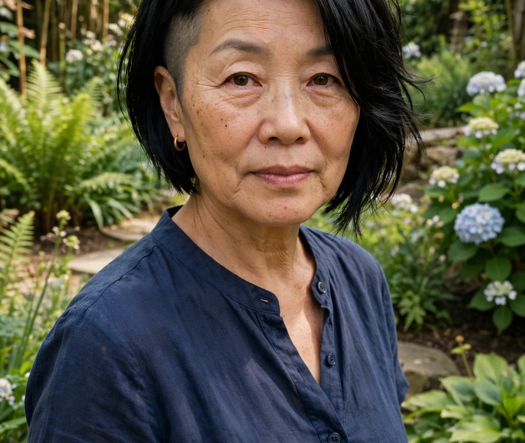 Woman over 50 with a bold black undercut bob