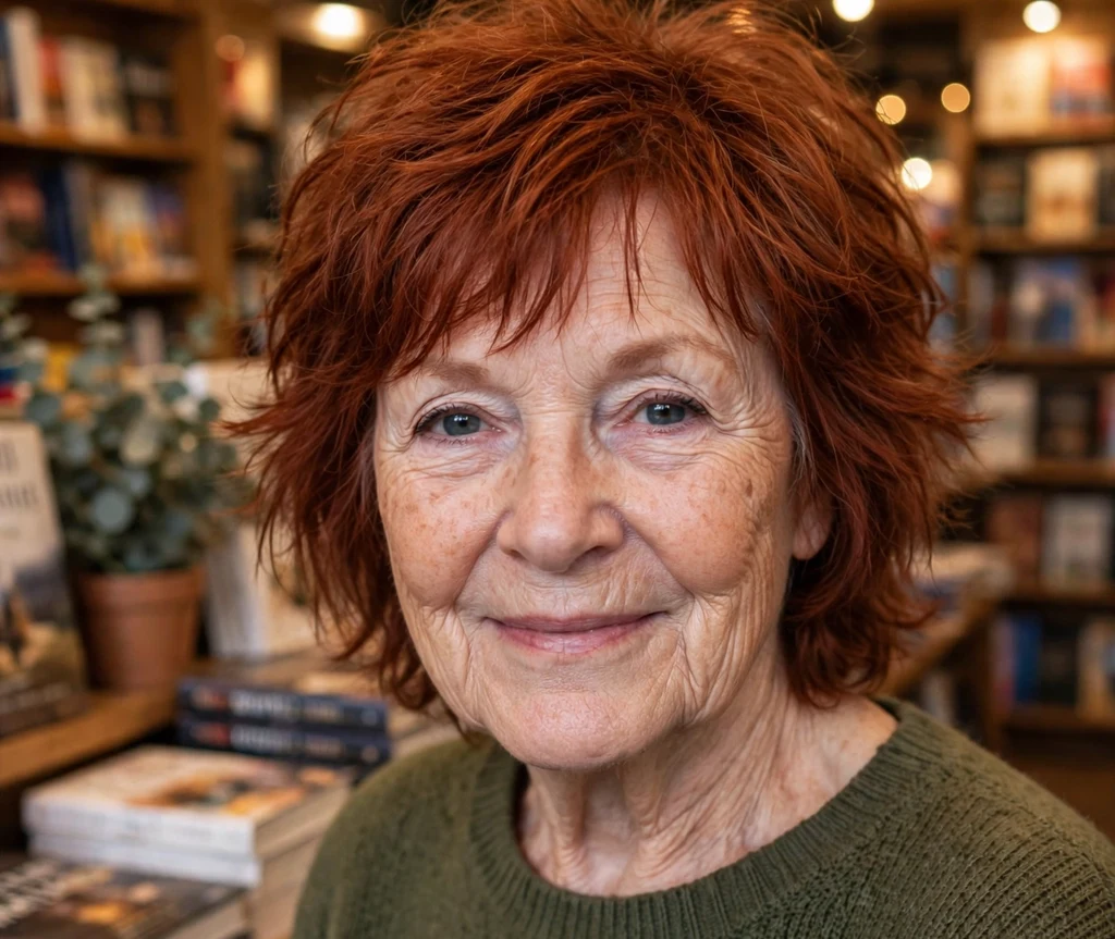 Woman over 50 with a sassy choppy auburn shag