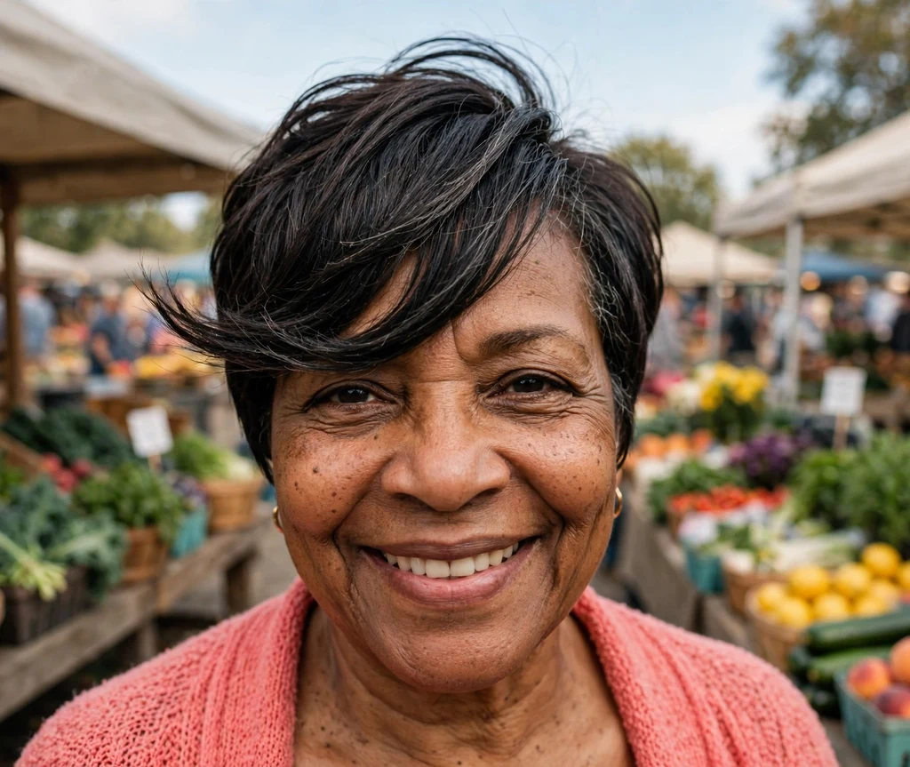 Woman over 50 with a dramatic side-swept dark pixie