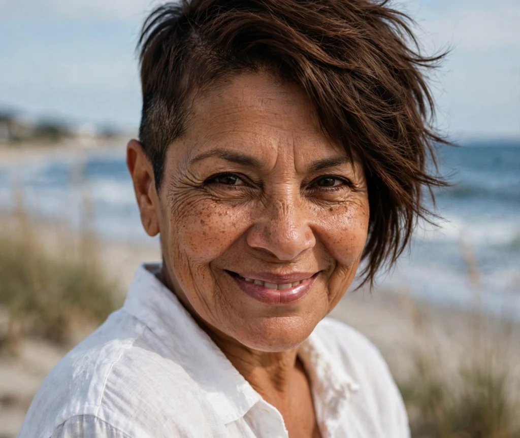 Woman over 50 with a fierce asymmetric brown pixie