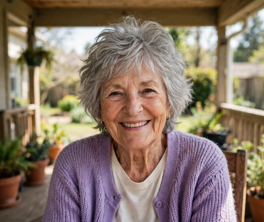 Woman over 50 with a tousled silver shag