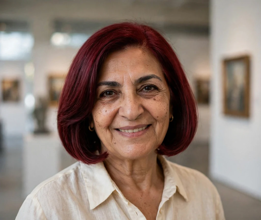 Woman over 50 with a bold burgundy bob