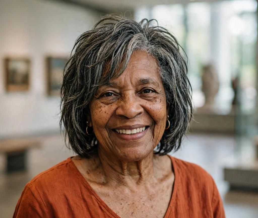 Woman over 50 with an edgy layered salt-and-pepper lob