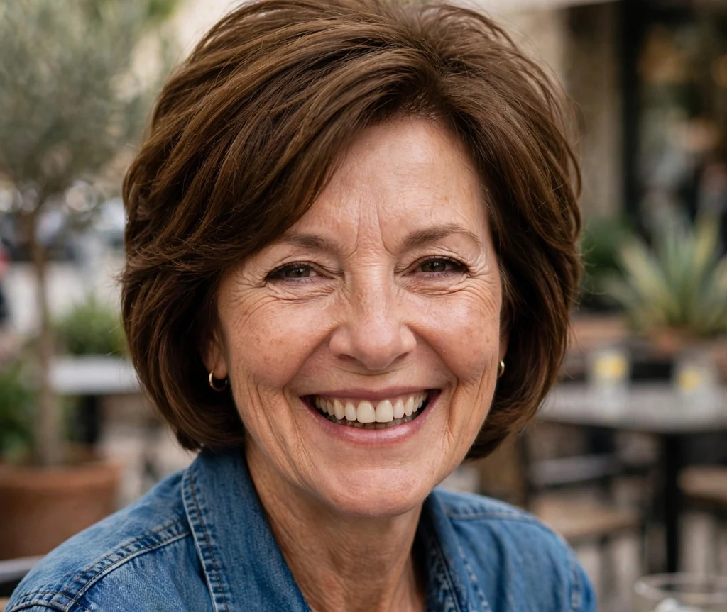 Woman over 50 with a sassy stacked brown bob