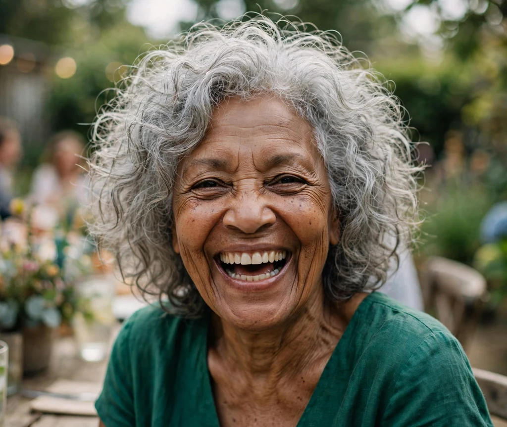 Woman over 50 with a voluminous curly silver shag