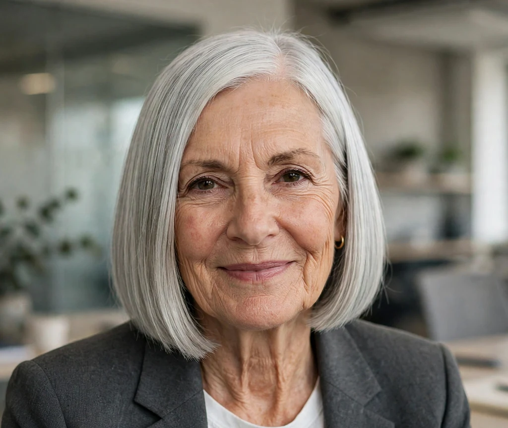 Woman over 50 with a sleek silver blunt bob