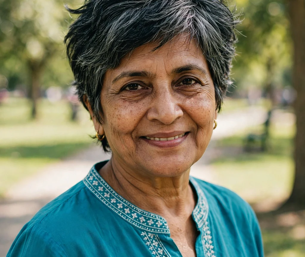 Woman over 50 with a sassy feathered black and gray pixie