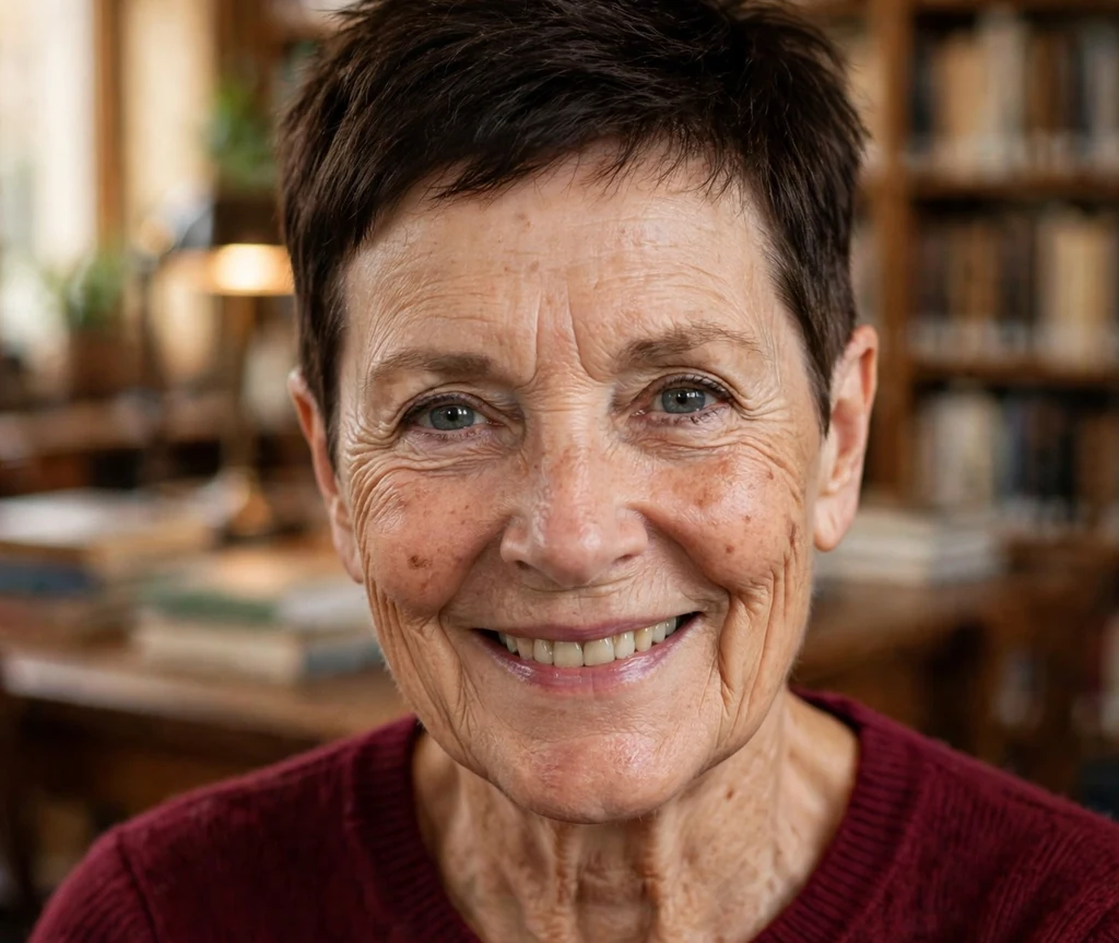Woman over 50 with a bold tapered dark brown crop