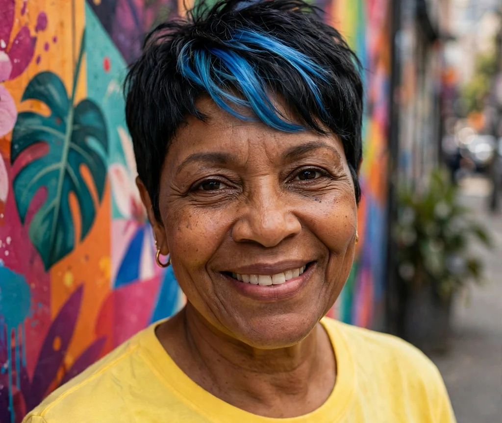 Woman over 50 with an edgy pixie with an electric blue accent
