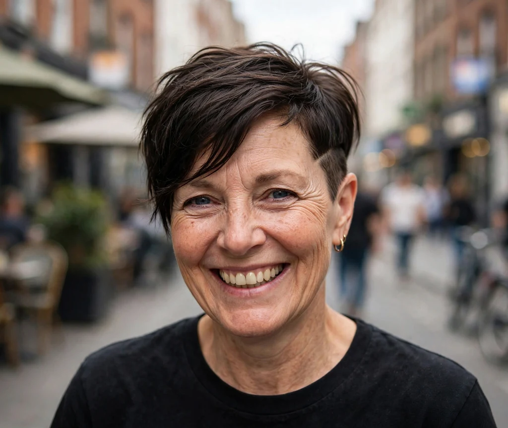 Woman over 50 with a daring shaved-side pixie