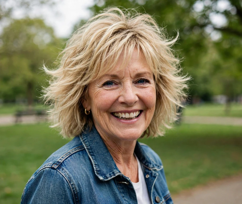 Woman over 50 with a bouncy layered blonde shag