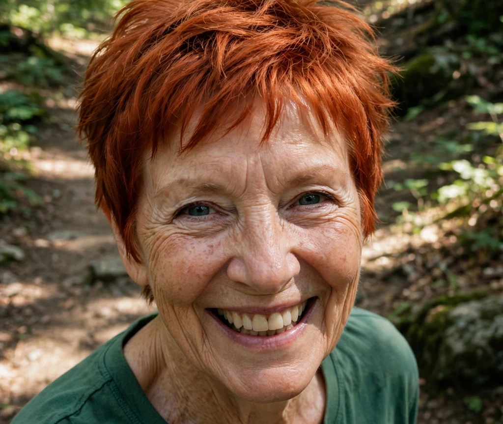 Woman over 50 with a vibrant copper pixie