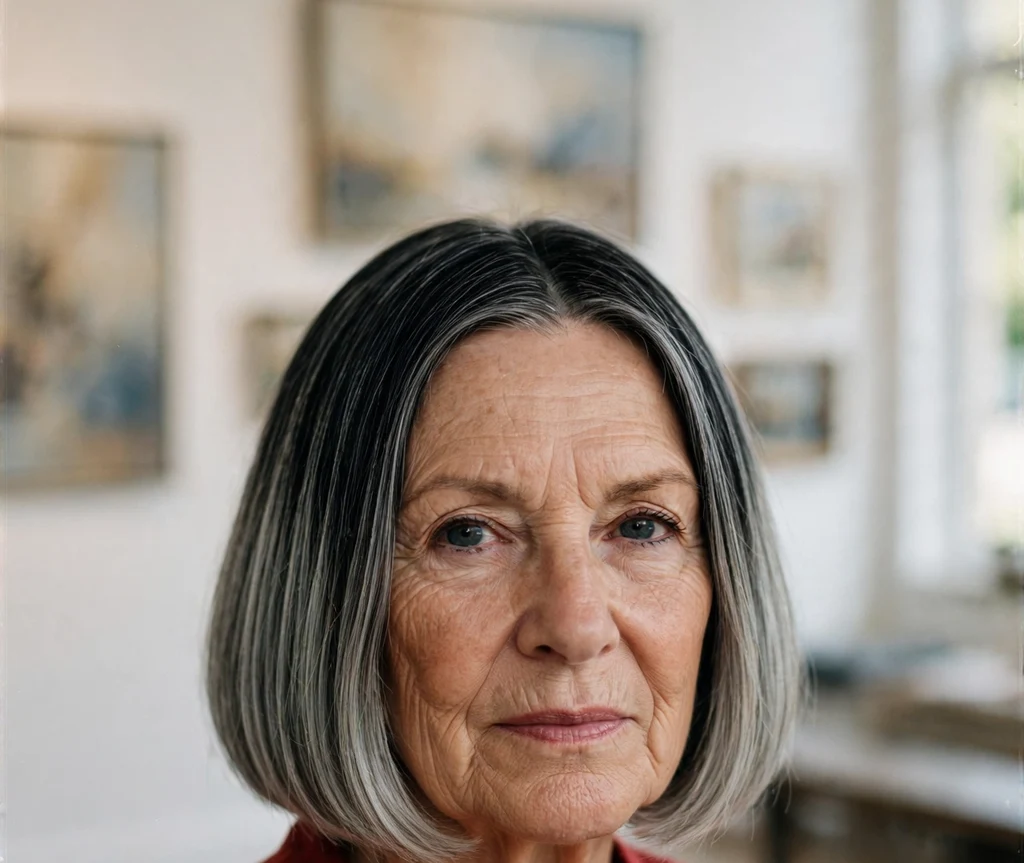 Woman over 50 with a sleek high-contrast black and silver bob