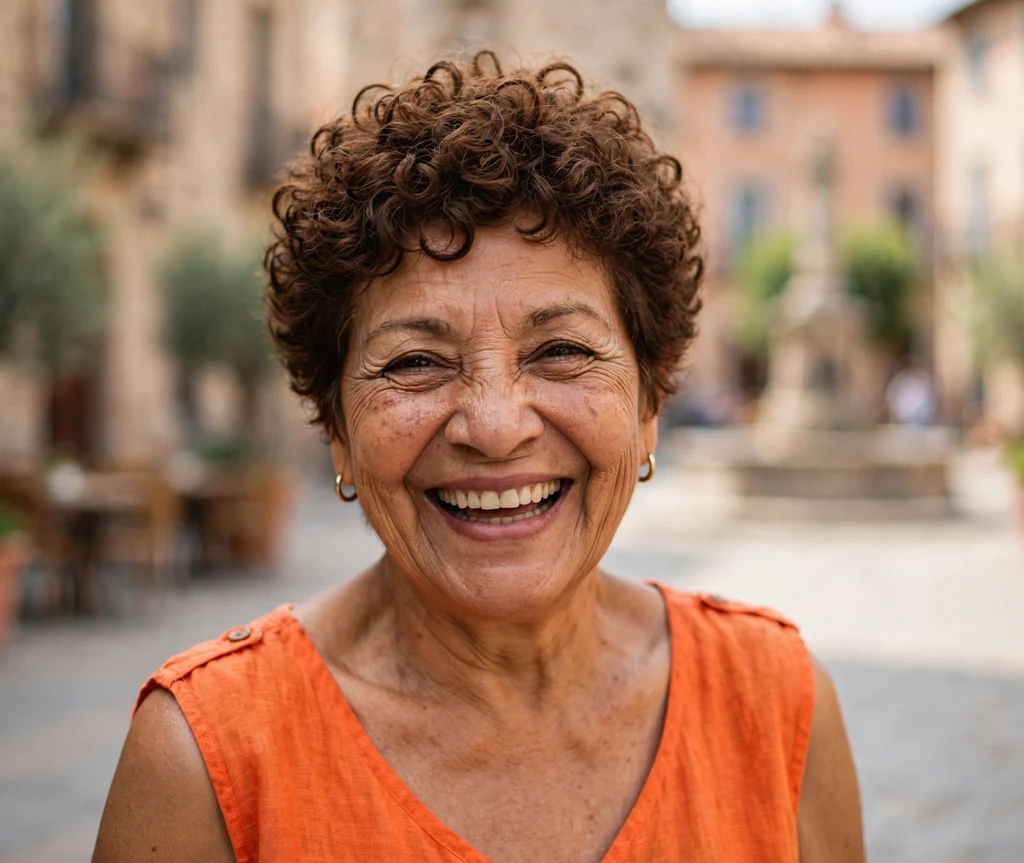Woman over 50 with a bold curly brown pixie