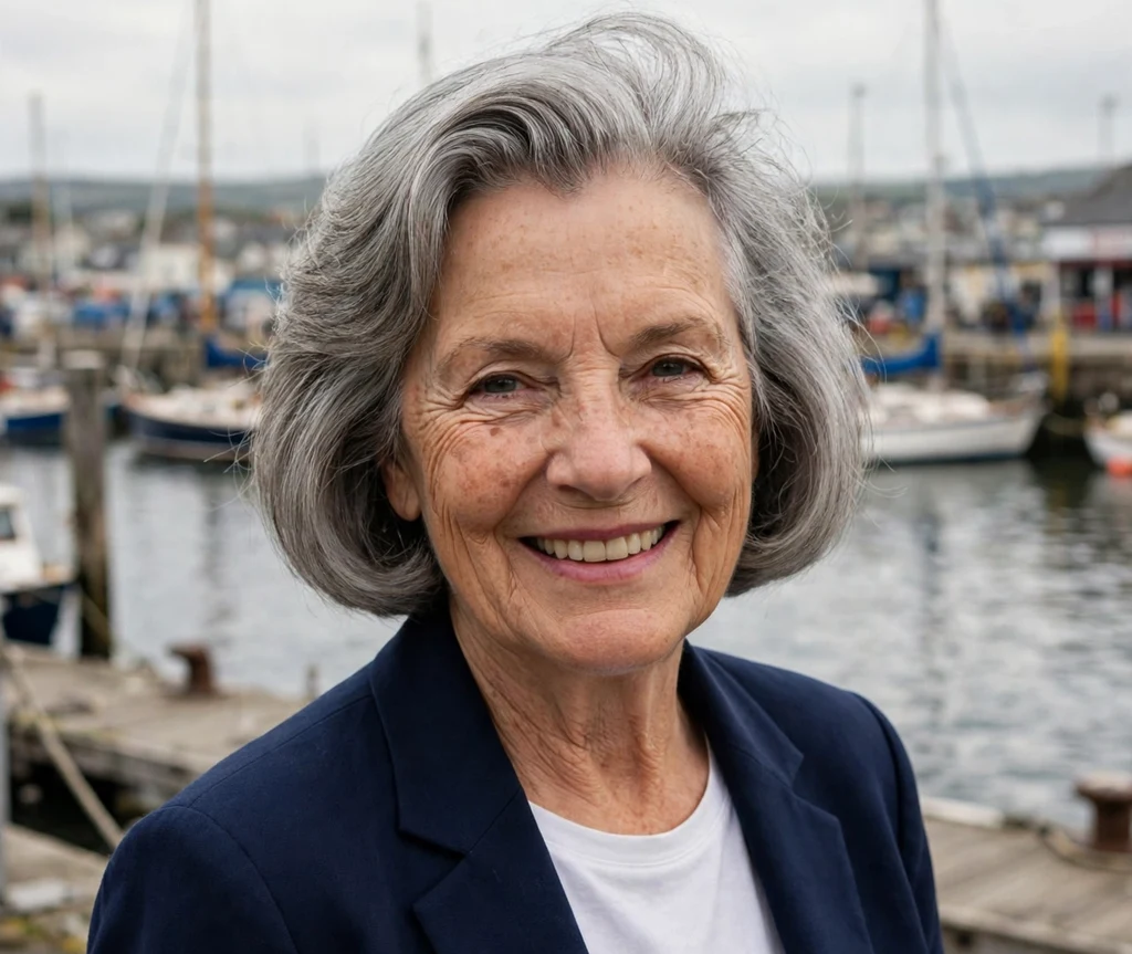 Woman over 50 with a dramatic deep-side-part gray bob