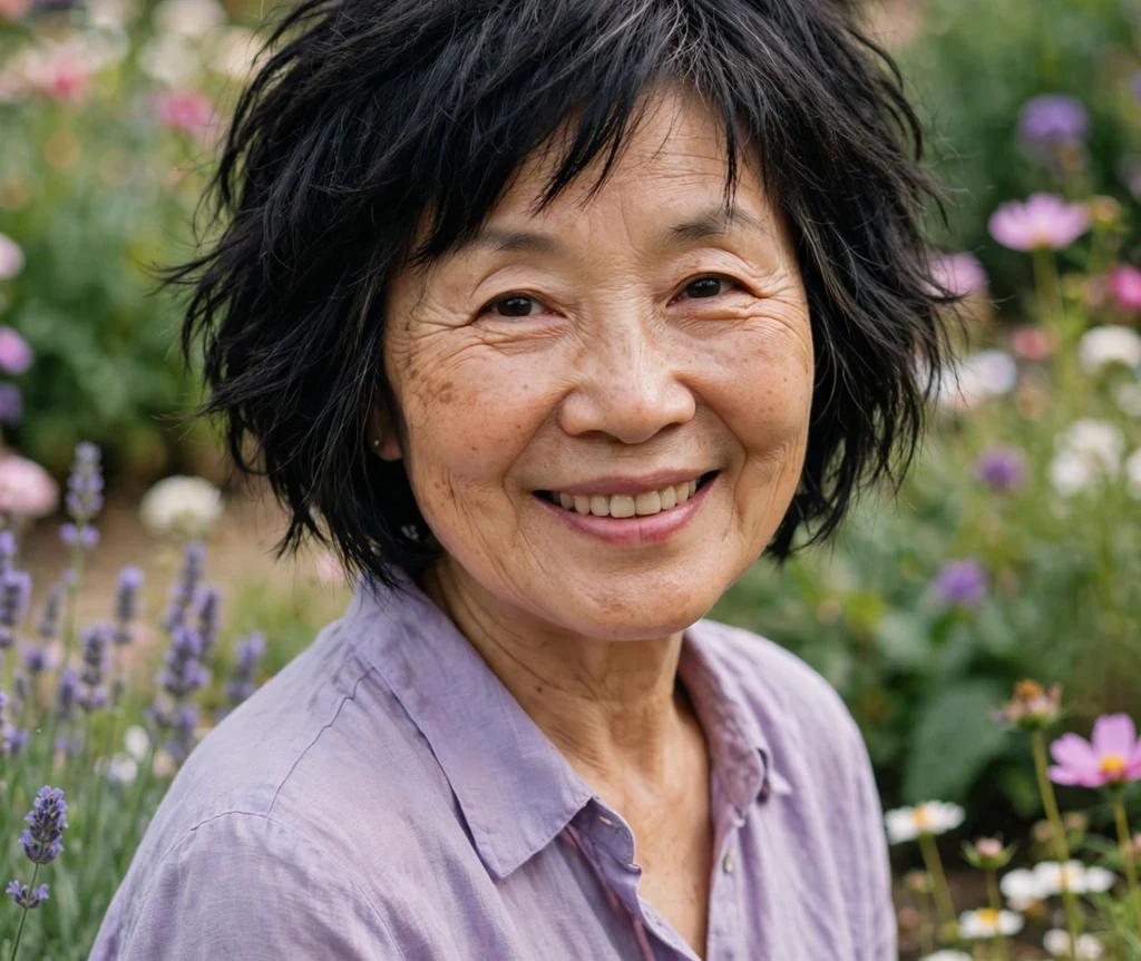 Woman over 50 with a playful textured black bob