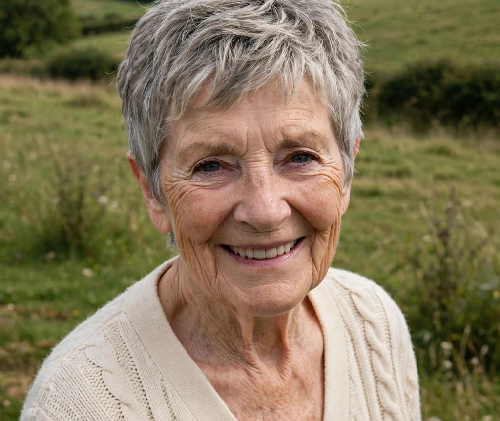 Woman over 50 with a sassy salt-and-pepper pixie