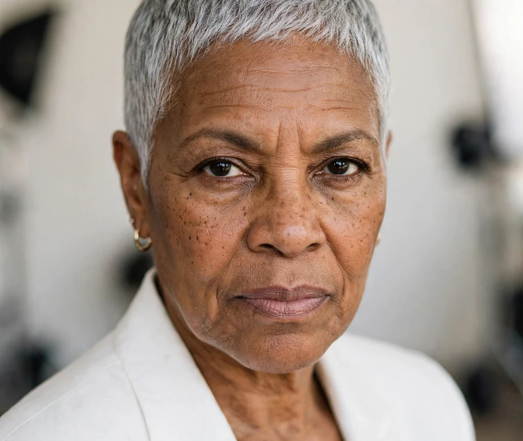 Woman over 50 with a fierce buzzed silver pixie
