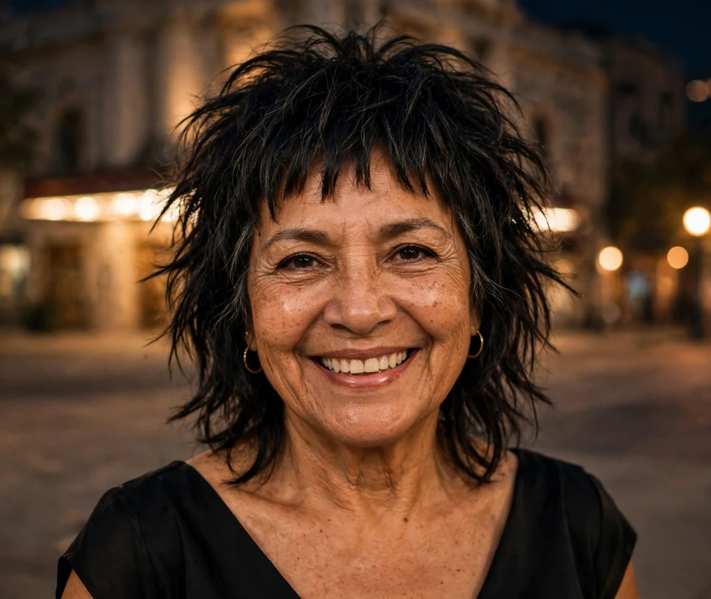 Woman over 50 with an edgy razor-cut dark shag