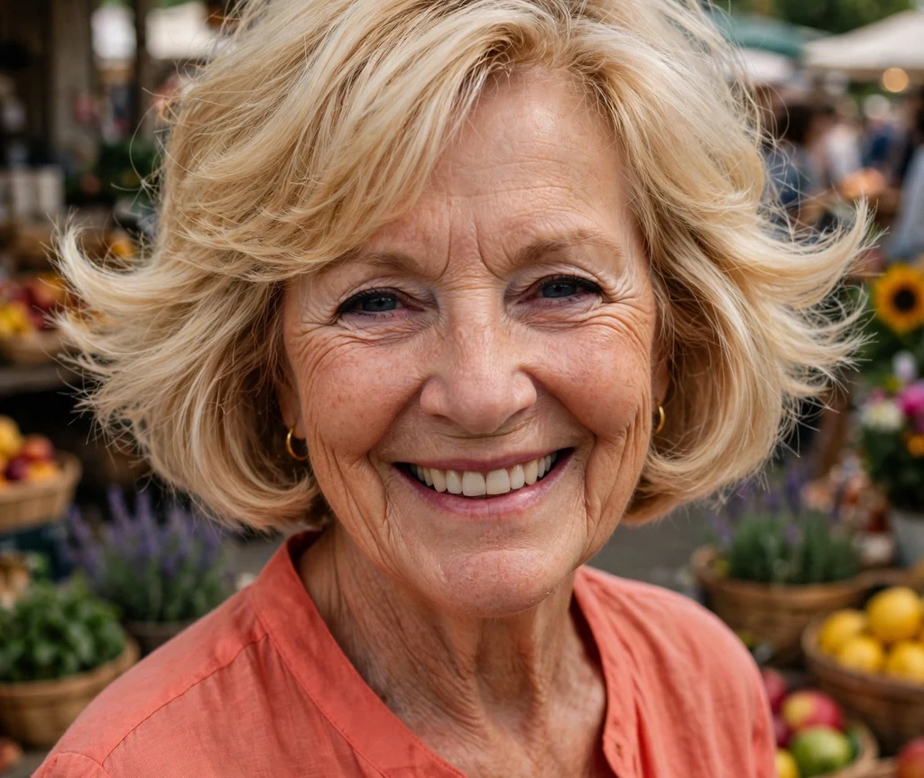 Woman over 50 with a sassy bouncy blonde bob