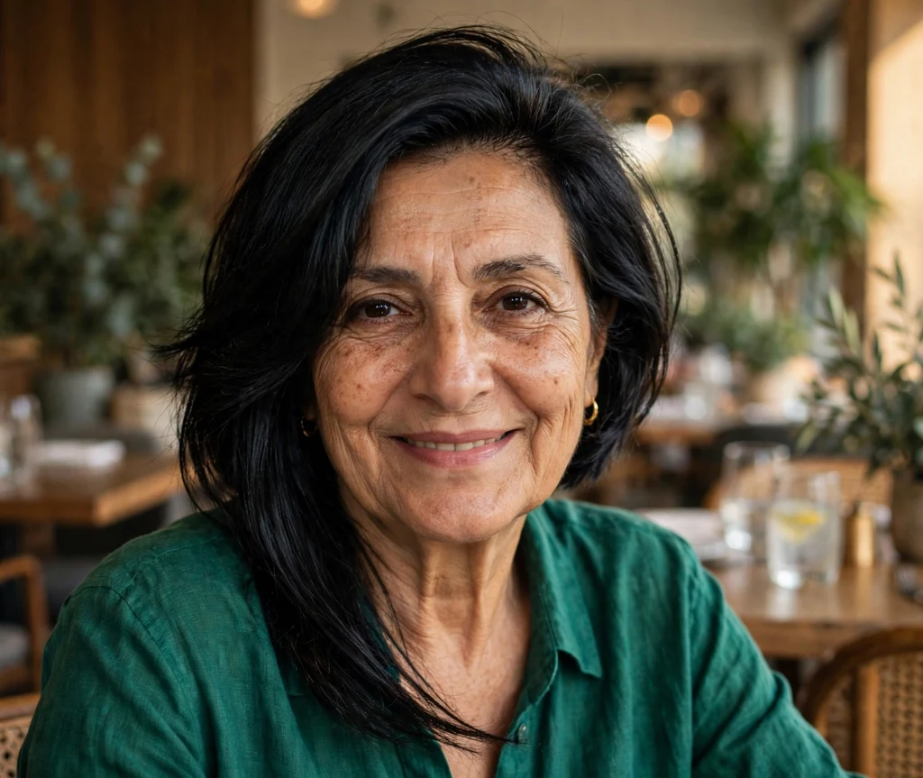 Woman over 50 with a chic angled dark bob