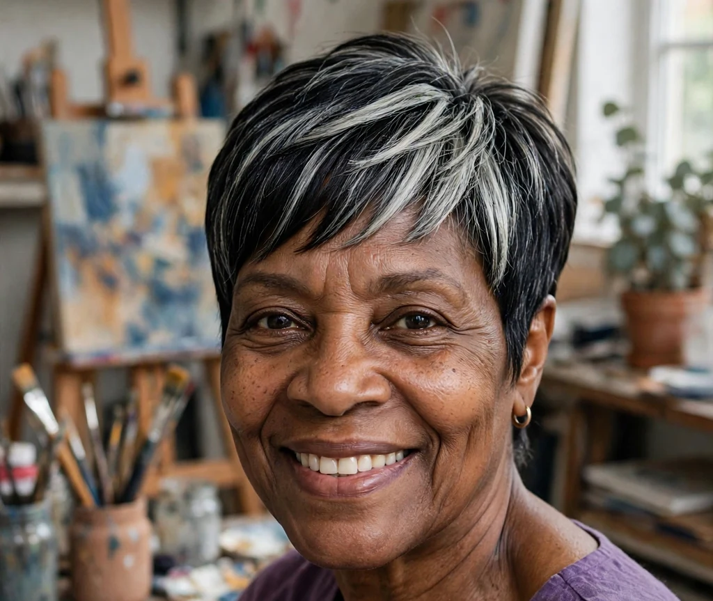 Woman over 50 with a bold two-tone black and silver pixie