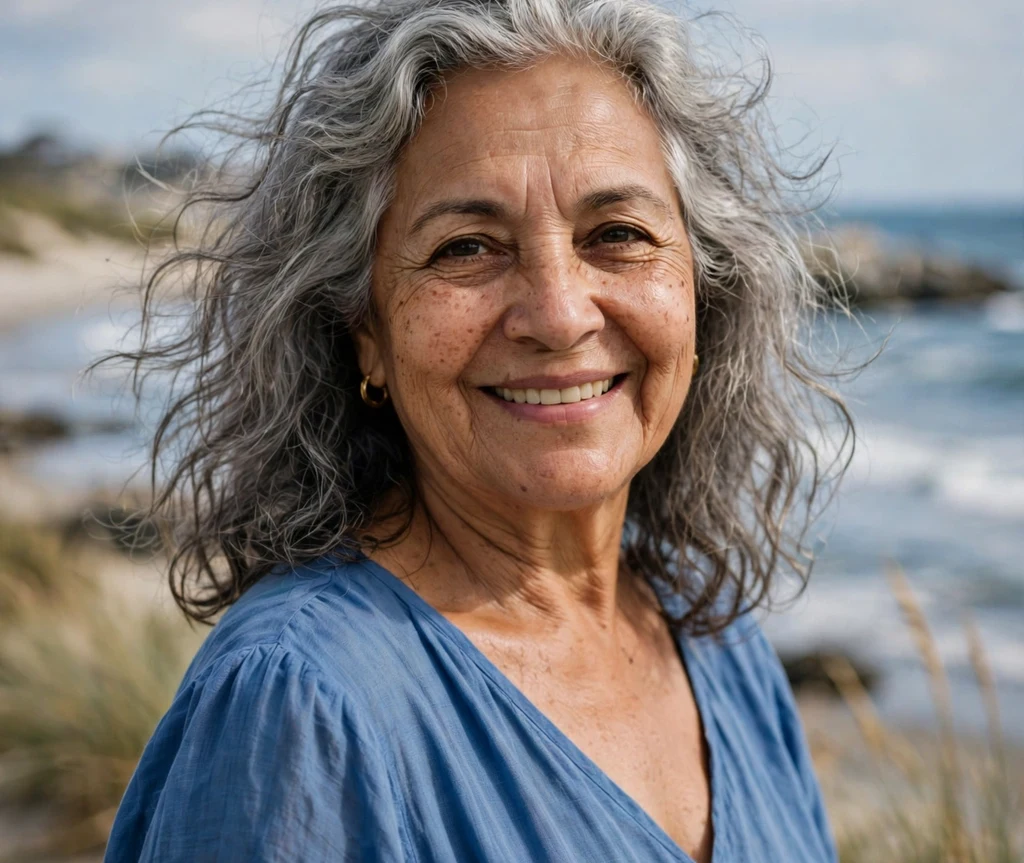 Woman over 50 with a sassy loose wavy gray lob