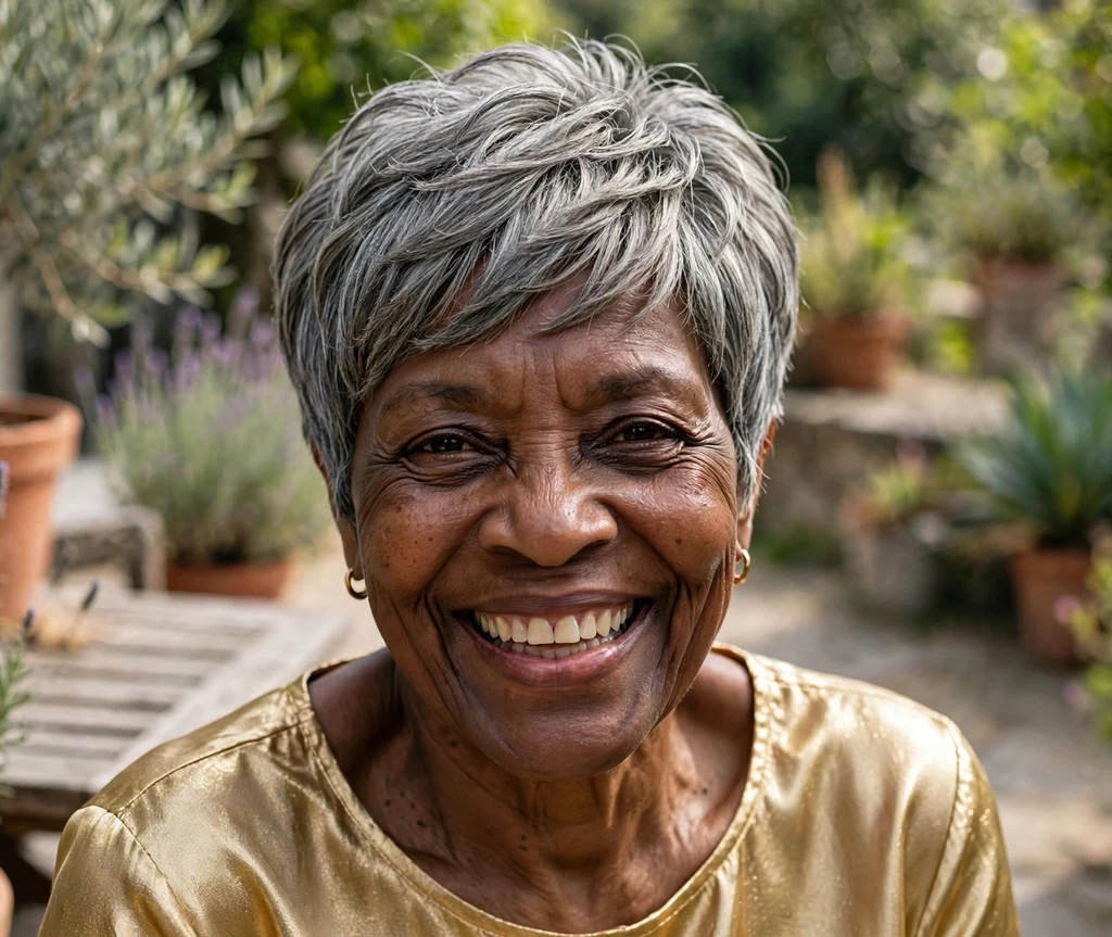 Woman over 50 with a sassy layered gray pixie