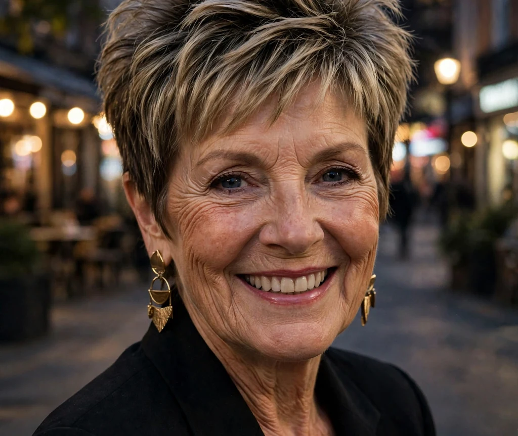Woman over 50 with a showstopping layered dark blonde pixie