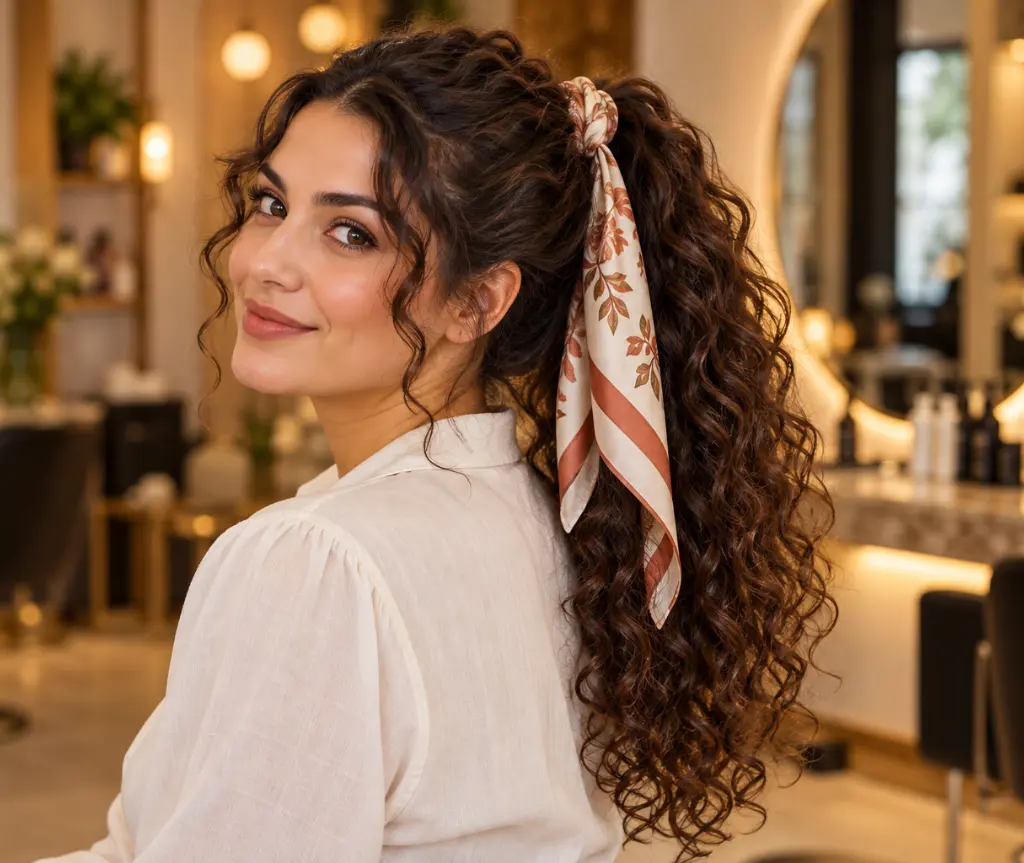 Scarf-Wrapped Curly Ponytail