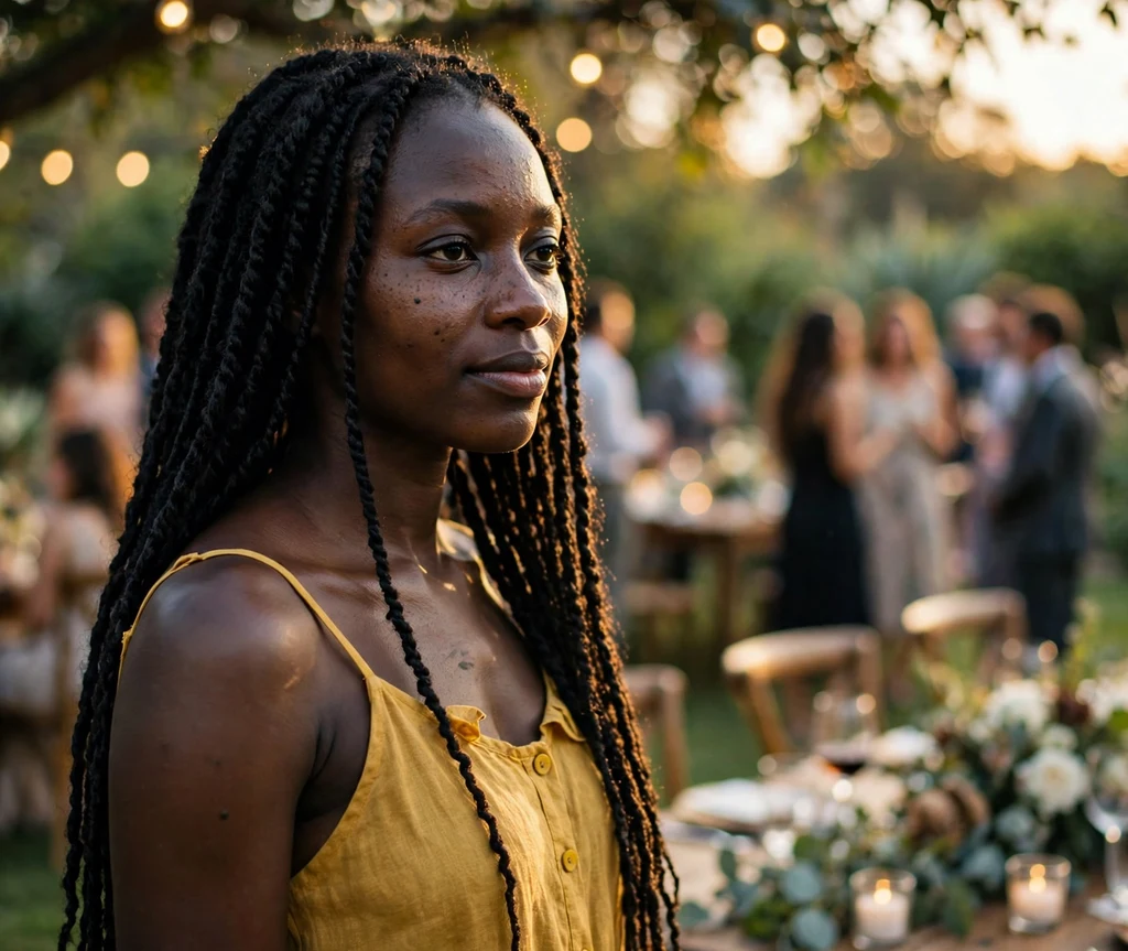 Black woman with long Senegalese twists at a garden party at golden hour