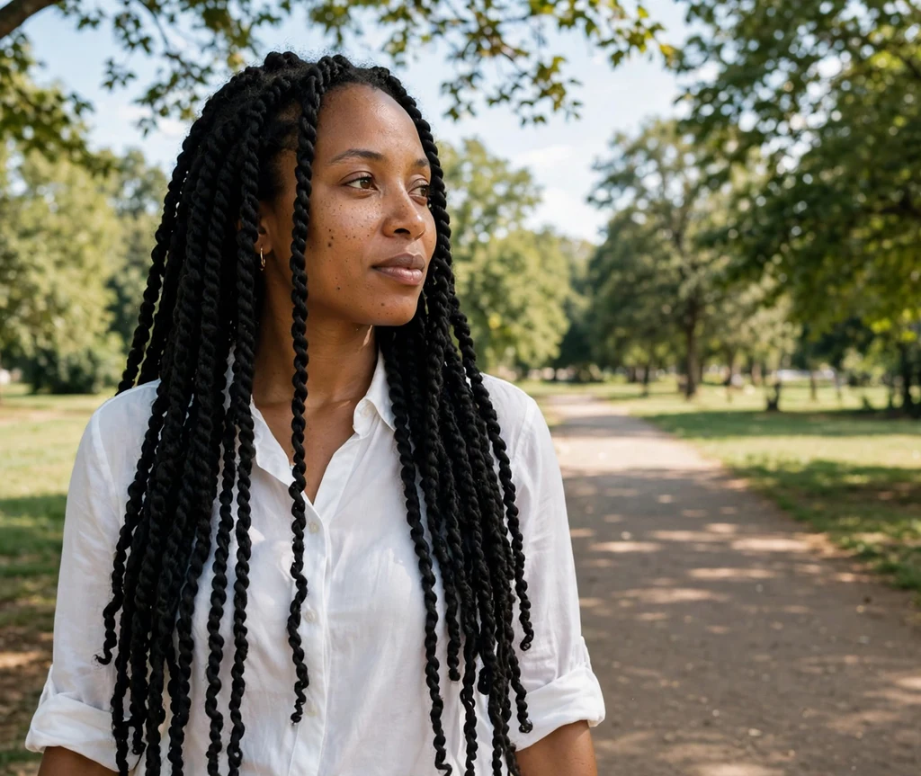 Black woman with classic waist-length black Senegalese twists in a sunny park